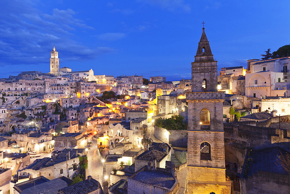 View from bell tower of Chiesa di San Pietro Barisano to Sasso Barisano and cathedral, UNESCO World Heritage Site, Matera, Basilicata, Puglia, Italy, Europe