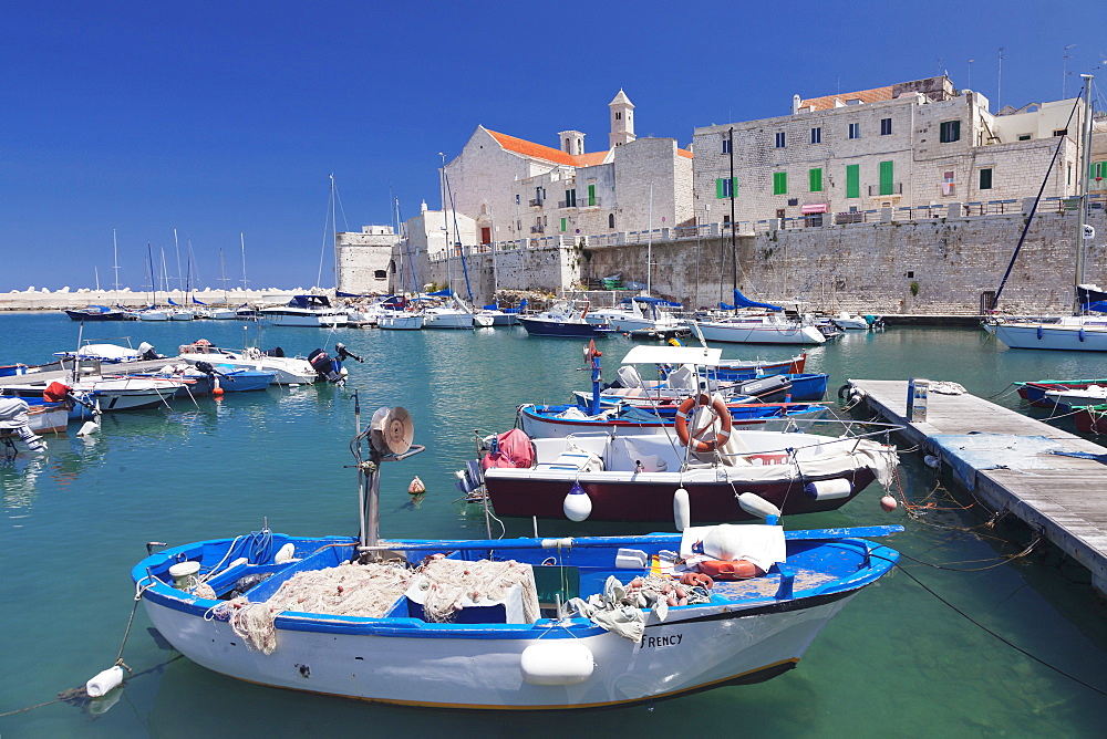 Fishing boats at the harbour, old town with cathedral, Giovinazzo, Bari district, Puglia, Italy, Europe