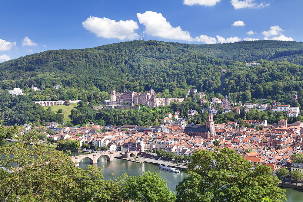 Old town with Karl-Theodor-Bridge (Old Bridge), Heilig Geist Church and Castle, Neckar River, Heidelberg, Baden-Wurttemberg, Germany, Europe