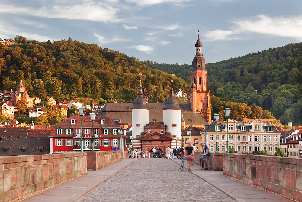 Old town with Karl-Theodor-Bridge (Old Bridge), Gate and Heilig Geist Church, Heidelberg, Baden-Wurttemberg, Germany, Europe