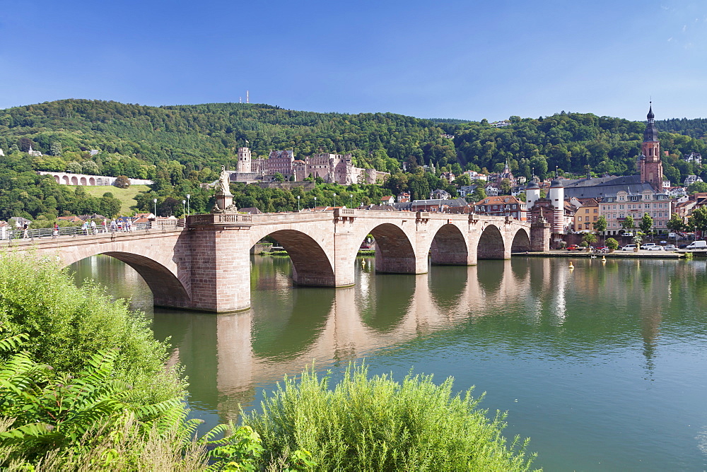 Old town with Karl-Theodor-Bridge (Old Bridge), Heilig Geist Church and Castle, Neckar River, Heidelberg, Baden-Wurttemberg, Germany, Europe