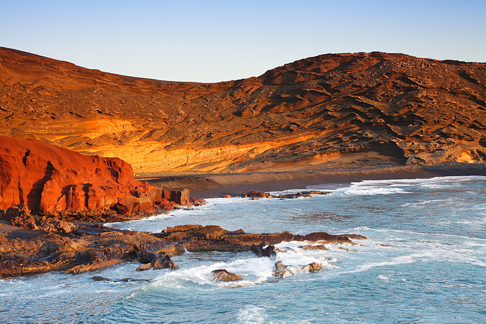 Charco de los Clicos lake at sunset, bay of El Golfo, Lanzarote, Canary Islands, Spain, Atlantic, Europe