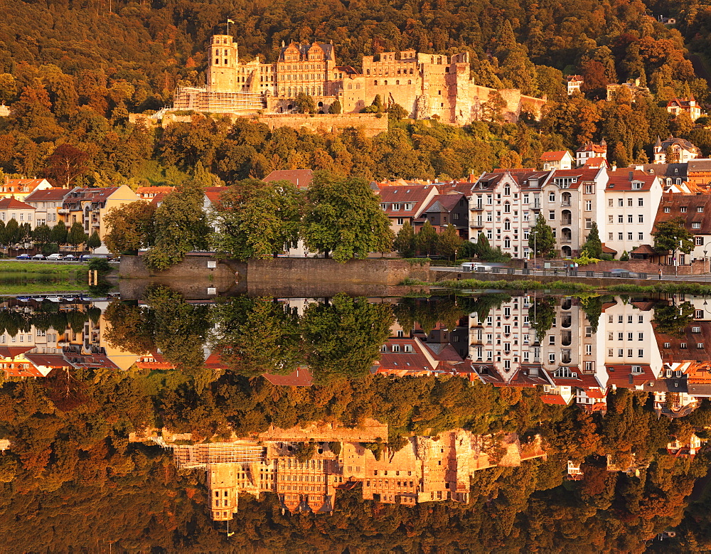 View over the Neckar River to the castle at sunset, Heidelberg, Baden-Wurttemberg, Germany, Europe