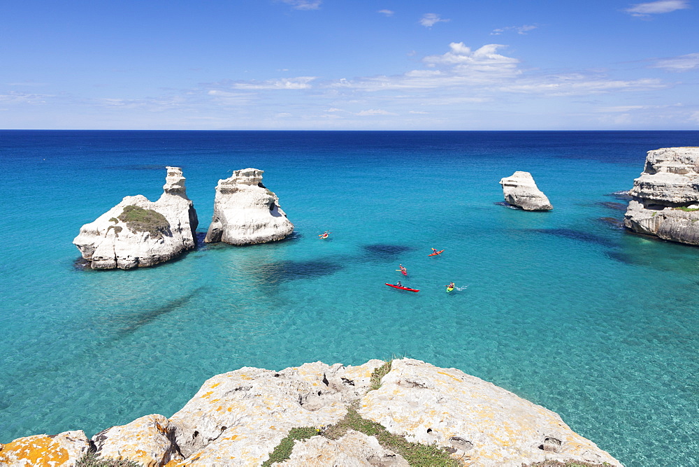 Rocky coast near Torre dell'Orso, Due Sorello Rocks (Two Sisters), Adriatic Sea, Lecce province, Salentine Peninsula, Puglia, Italy, Mediterranean, Europe