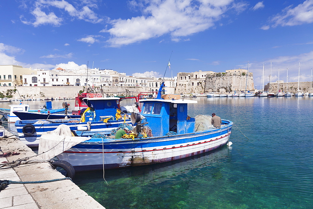 Fishing boats at the port, old town with castle, Gallipoli, Lecce province, Salentine Peninsula, Puglia, Italy, Mediterranean, Europe