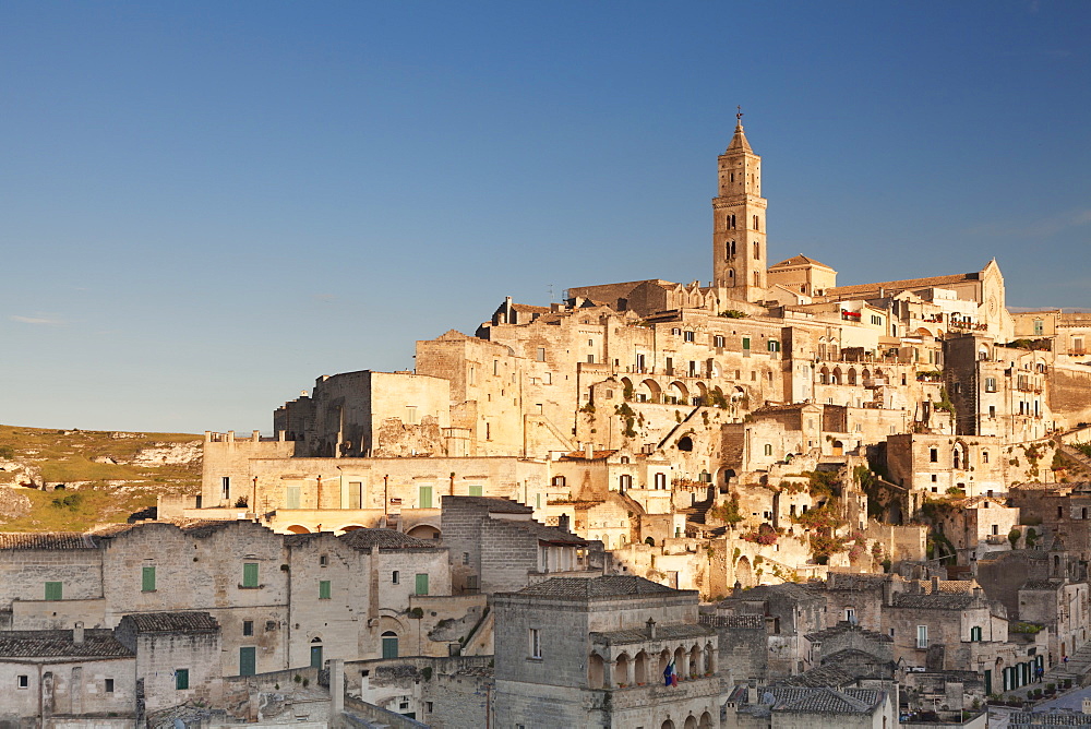 Sasso Barisano and cathedral at sunset, UNESCO World Heritage Site, Matera, Basilicata, Puglia, Italy, Europe