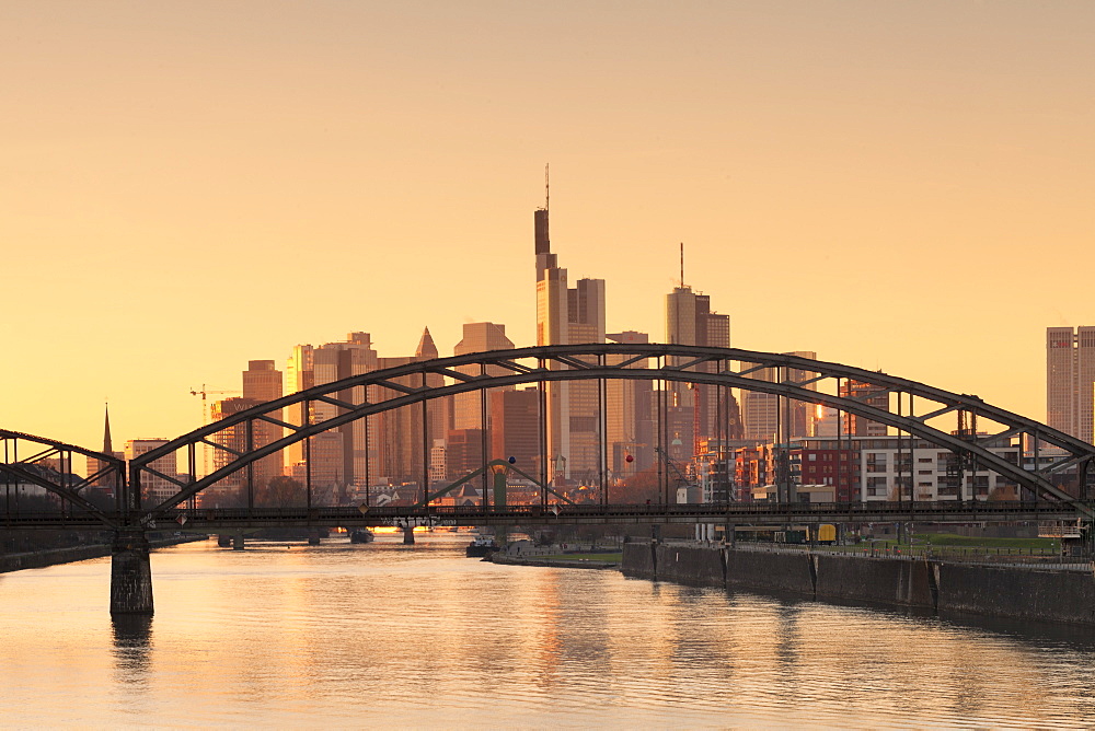 View over Main River to the financial district, skyline of Frankfurt, Hesse, Germany, Europe