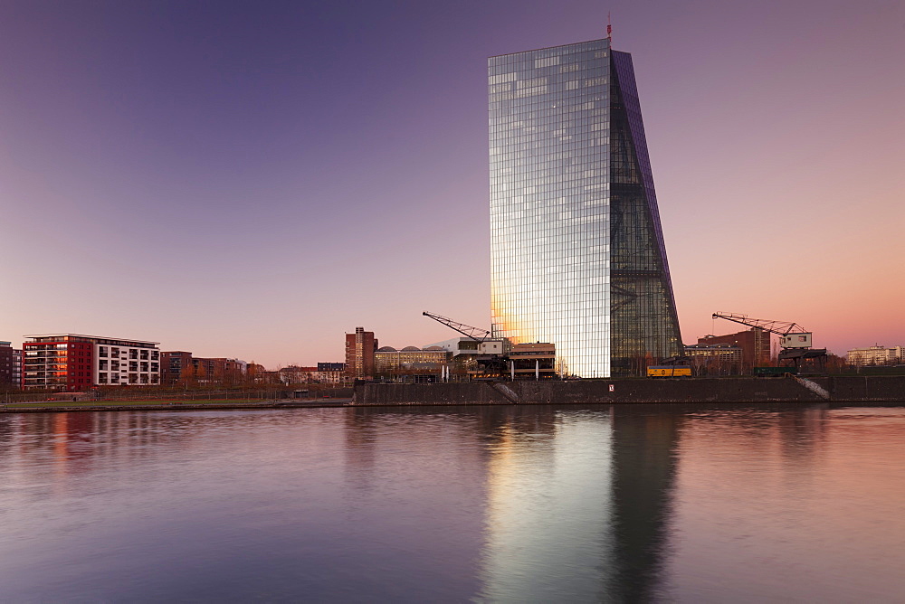 View over Main River to European Central Bank, Frankfurt, Hesse, Germany, Europe