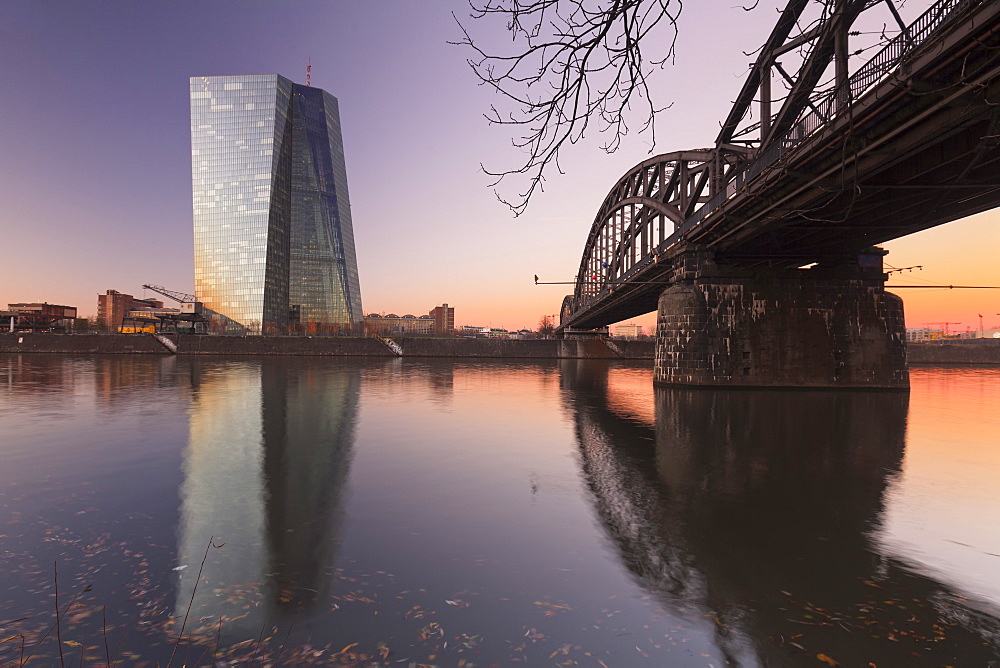 View over Main River to European Central Bank, Frankfurt, Hesse, Germany, Europe