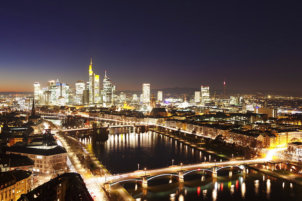 View over Main River to Ignatz Bubis Bridge financial district skyline, Frankfurt, Hesse, Germany, Europe