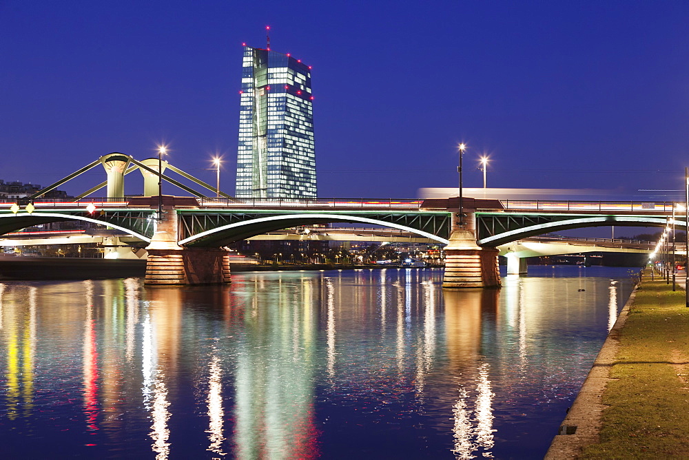 View over Main River to Ignatz Bubis Bridge and European Central Bank, Frankfurt, Hesse, Germany, Europe