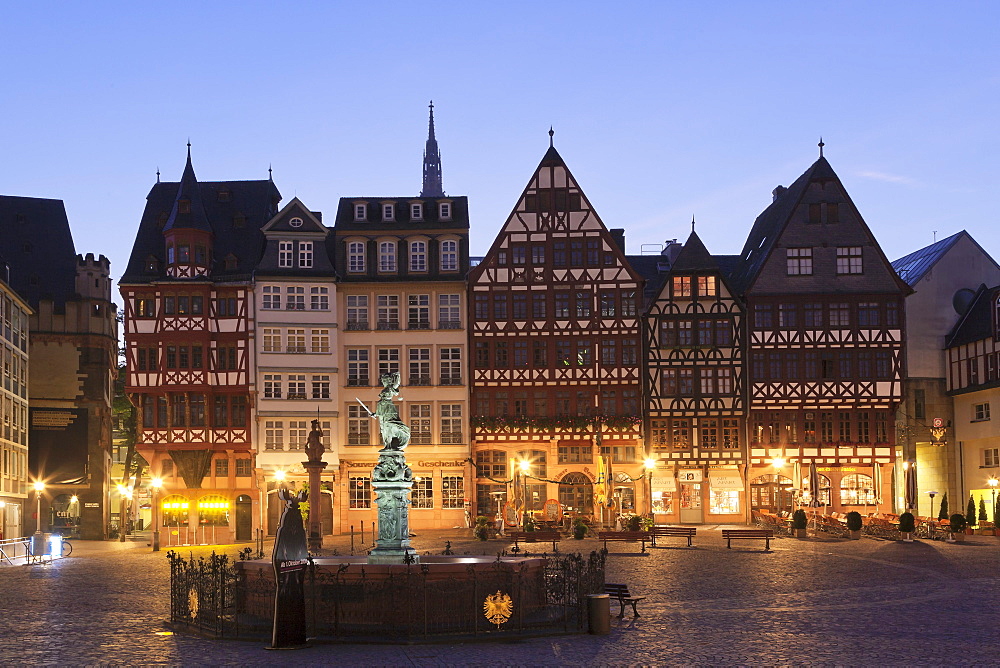 Half-timbered houses and Justitia Fountain at Roemerberg square, Frankfurt, Hesse, Germany, Europe