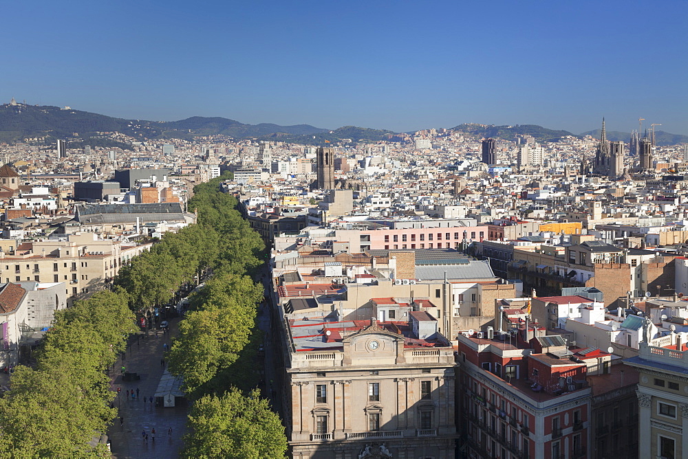 View from Columbus Monument (Monument a Colom) over La Rambla to Barcelona, Catalonia, Spain, Europe