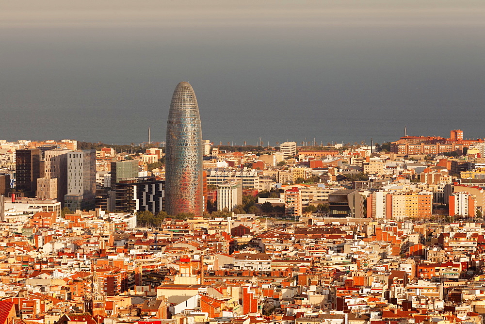 View over Barcelona with Torre Agbar Tower, architect Jean Nouvel, Barcelona, Catalonia, Spain, Europe