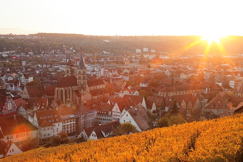 View from the castle over Esslingen at sunset, Esslingen, Baden-Wurttemberg, Germany, Europe