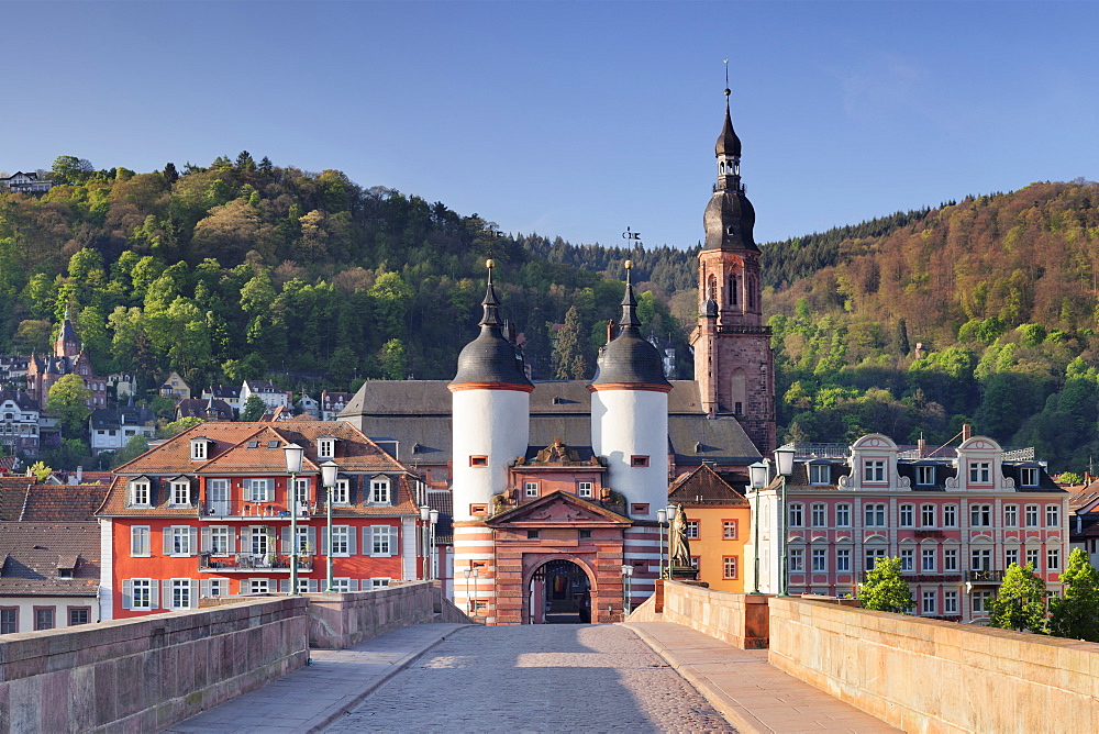 Old town with Karl-Theodor-Bridge (Old Bridge), Gate and Heilig Geist Church, Heidelberg, Baden-Wurttemberg, Germany, Europe