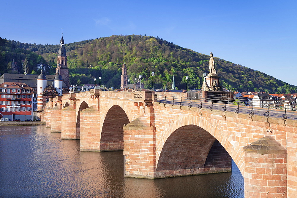 Old town with Karl-Theodor-Bridge (Old Bridge), Gate and Heilig Geist Church, Heidelberg, Baden-Wurttemberg, Germany, Europe