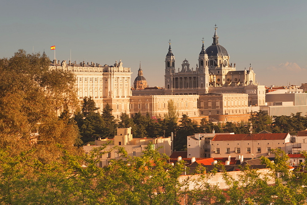 Royal Palace (Palacio Real) and Almudena Cathetral (Santa Maria la Real de La Almudena) at sunset, Madrid, Spain, Europe