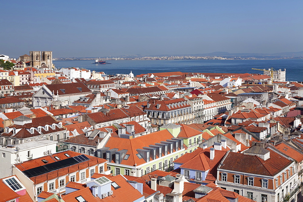 View over the old town to Se Cathedral and Tejo River, Lisbon, Portugal, Europe