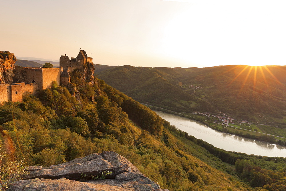 Aggstein Castle ruin on Danube River at sunset, Cultural Landscape Wachau, UNESCO World Heritage Site, Austria, Europe