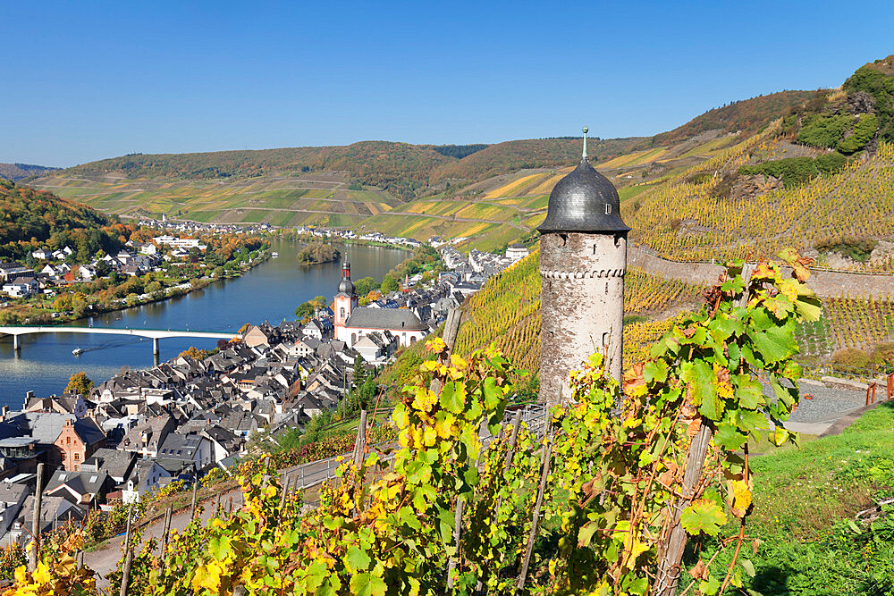 View from Runder Turm Tower to the town of Zell on Moselle River, Rhineland-Palatinate, Germany, Europe