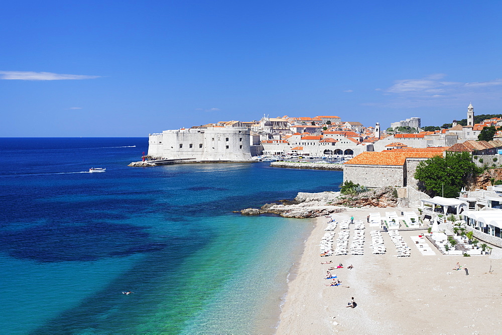 Banje Beach, Old harbour and Old Town, UNESCO World Heritage Site, Dubrovnik, Dalmatia, Croatia, Europe