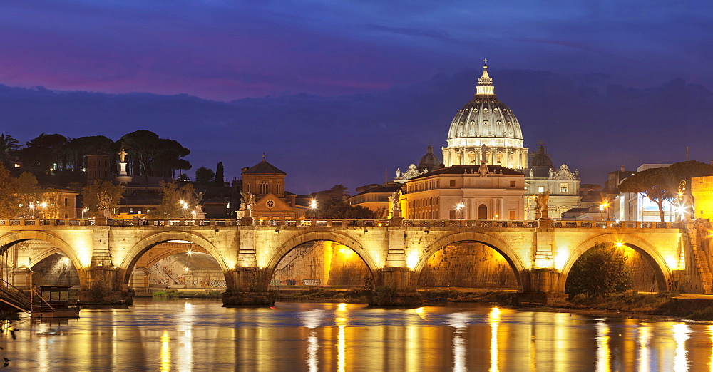 View over Tiber River to Ponte Vittorio Emanuele II Bridge and St. Peter's Basilica, Rome, Lazio, Italy, Europe