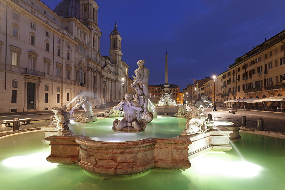 Fontana del Moro Fountain, Fontana dei Quattro Fiumi Fountain, Sant'Agnese in Agone Church, Piazza Navona, Rome, Lazio, Italy, Europe