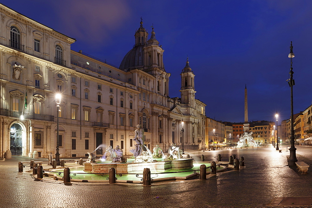 Fontana del Moro Fountain, Fontana dei Quattro Fiumi Fountain, Sant'Agnese in Agone Church, Piazza Navona, Rome, Lazio, Italy, Europe