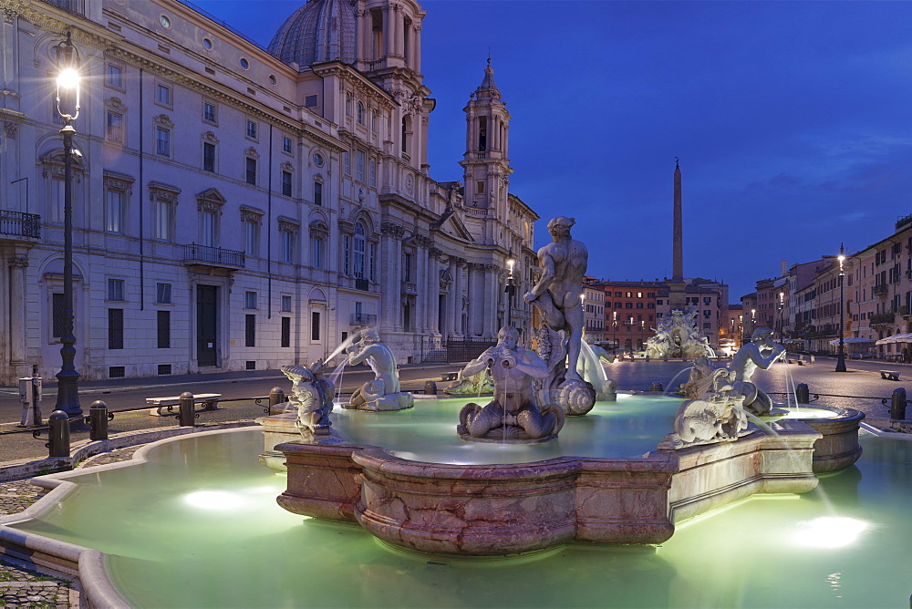 Fontana del Moro Fountain, Fontana dei Quattro Fiumi Fountain, Sant'Agnese in Agone Church, Piazza Navona, Rome, Lazio, Italy, Europe