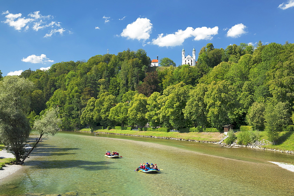 View over Isar River to Kalvarienberg (Calvary Hill), Bad Toelz, Upper Bavaria, Bavaria, Germany, Europe