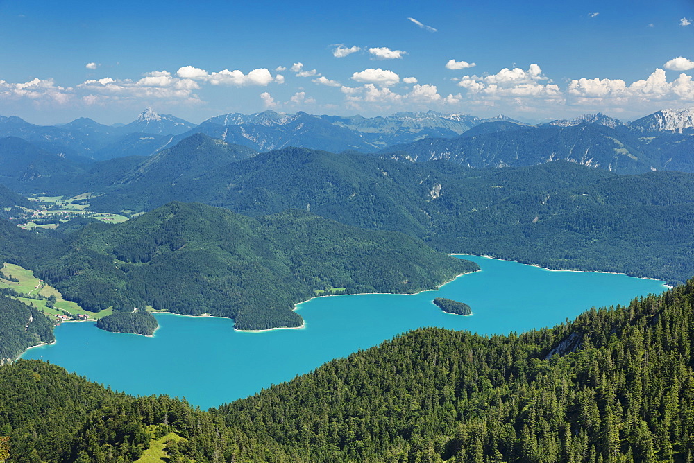 View from Herzogstand mountain to Walchensee Lake and Karwendelgebirge mountains, Upper Bavaria, Bavaria, Germany, Europe