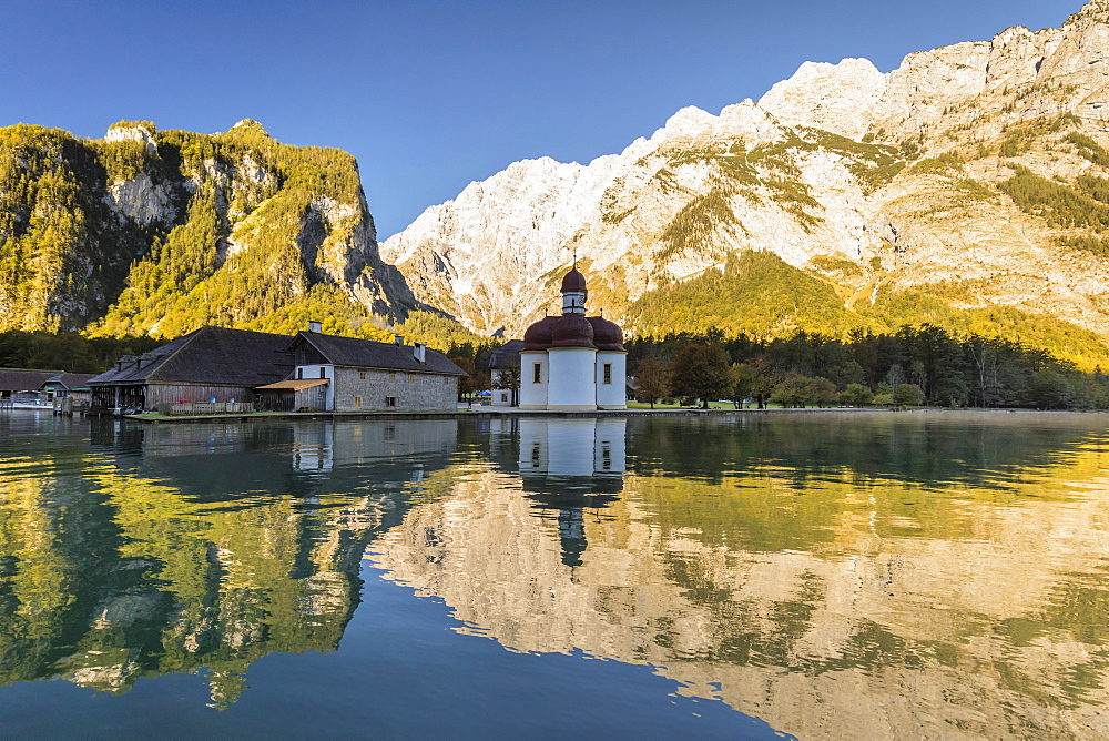 St. Bartholomew on Lake Koenigssee, Watzmann Mountain, Berchtesgadener Land, Berchtesgaden National Park, Upper Bavaria, Bavaria, Germany, Europe