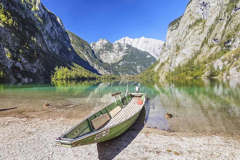 Fishing boat on Lake Obersee, Watzmann Mountain, near lake Koenigssee, Berchtesgadener Land, Berchtesgaden National Park, Upper Bavaria, Bavaria, Germany, Europe