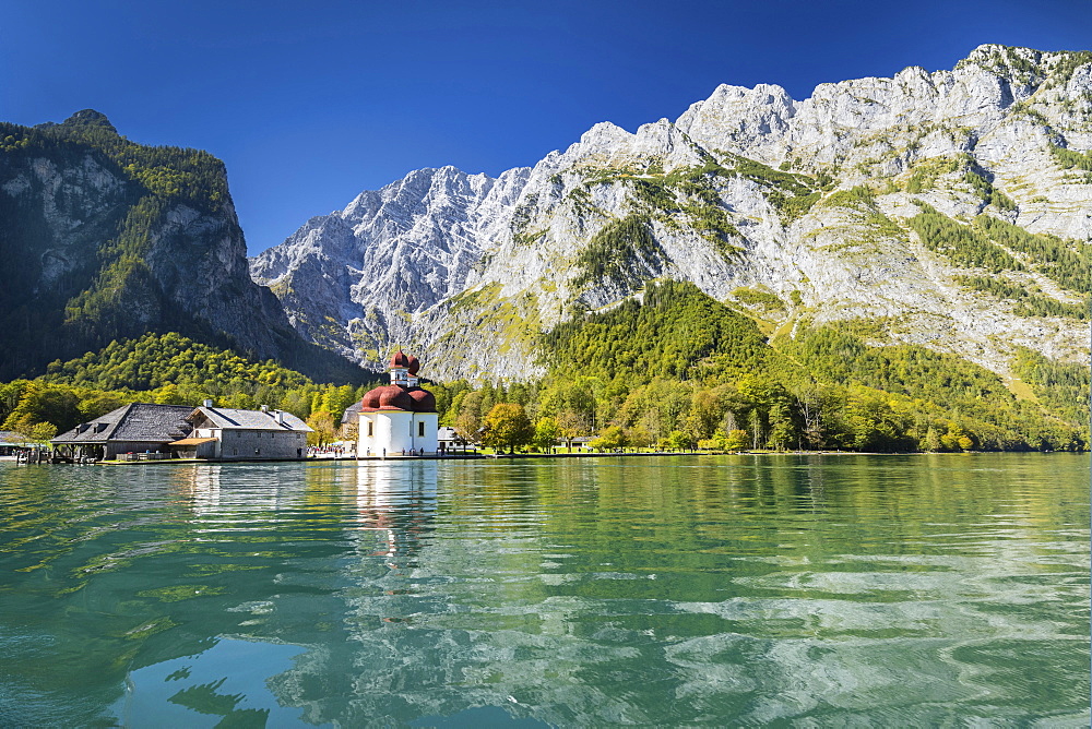 St. Bartholomew, Lake Koenigssee, Watzmann Mountain, Berchtesgadener Land, Berchtesgaden National Park, Upper Bavaria, Bavaria, Germany, Europe