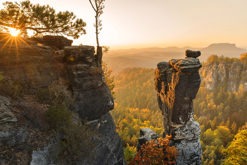 Wehlnadel rocks at sunset in Elbe Sandstone Mountains, Germany, Europe