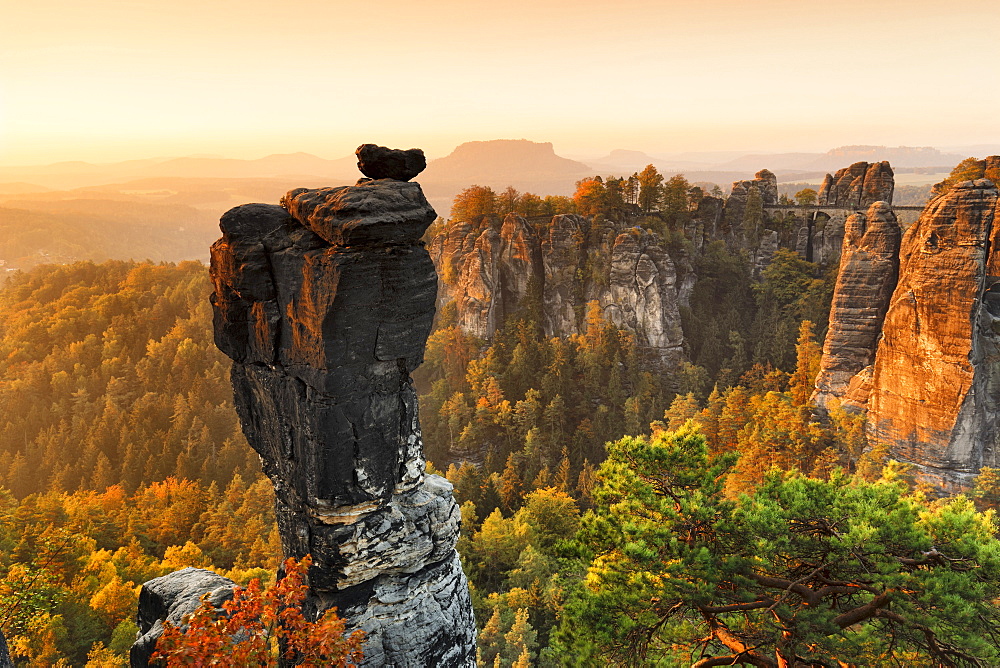 View from Wehlnadel rocks to Bastei Bridge in Elbe Sandstone Mountains, Germany, Europe