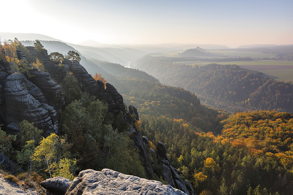 View from Schrammsteine rocks across Elbe Sandstone Mountains, Germany, Europe