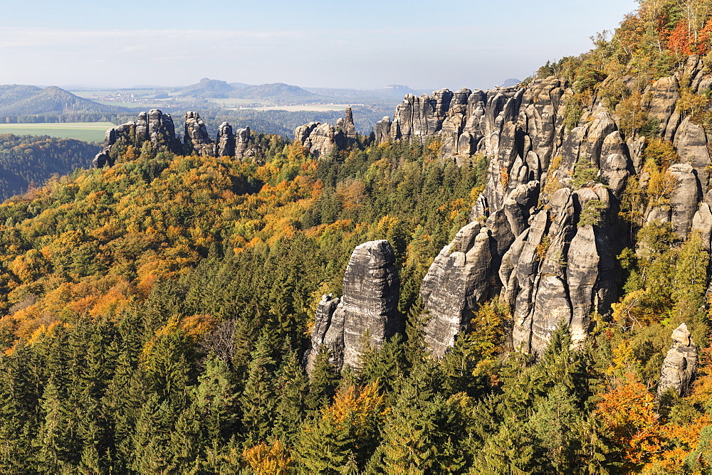 Schrammsteine rocks during autumn in Elbe Sandstone Mountains, Germany, Europe