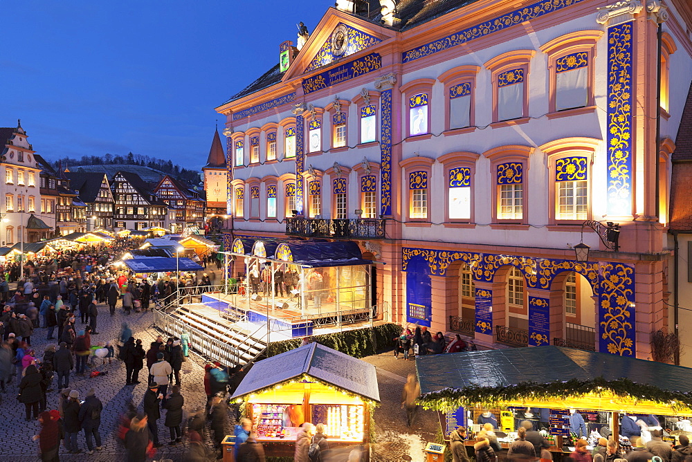 Christmas market and Advent calendar at the townhall, Gengenbach, Black Forest, Baden-Wurttemberg, Germany, Europe