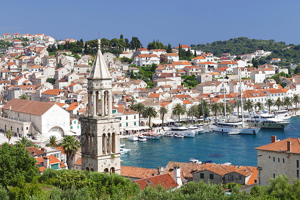 View from Sveti Marko Church to Arsenal and promenade at the port, Hvar, Hvar Island, Dalmatia, Croatia, Europe