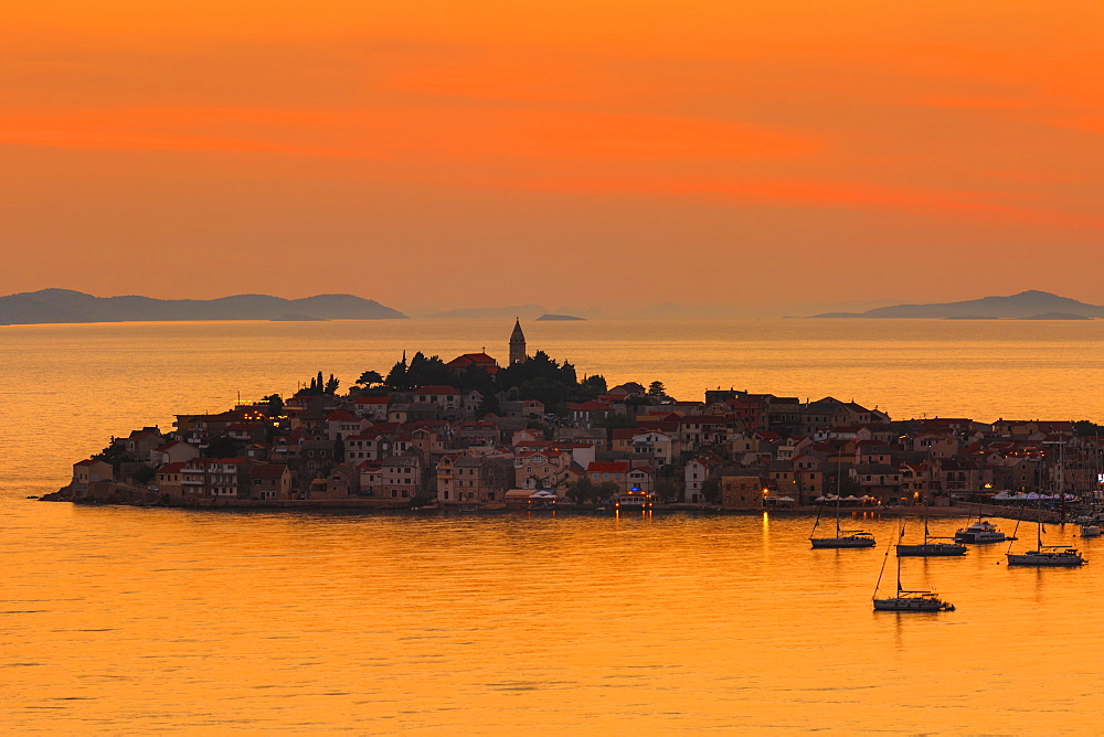 Primosten at sunset, Adriatic Coast, Dalmatia, Croatia, Europe