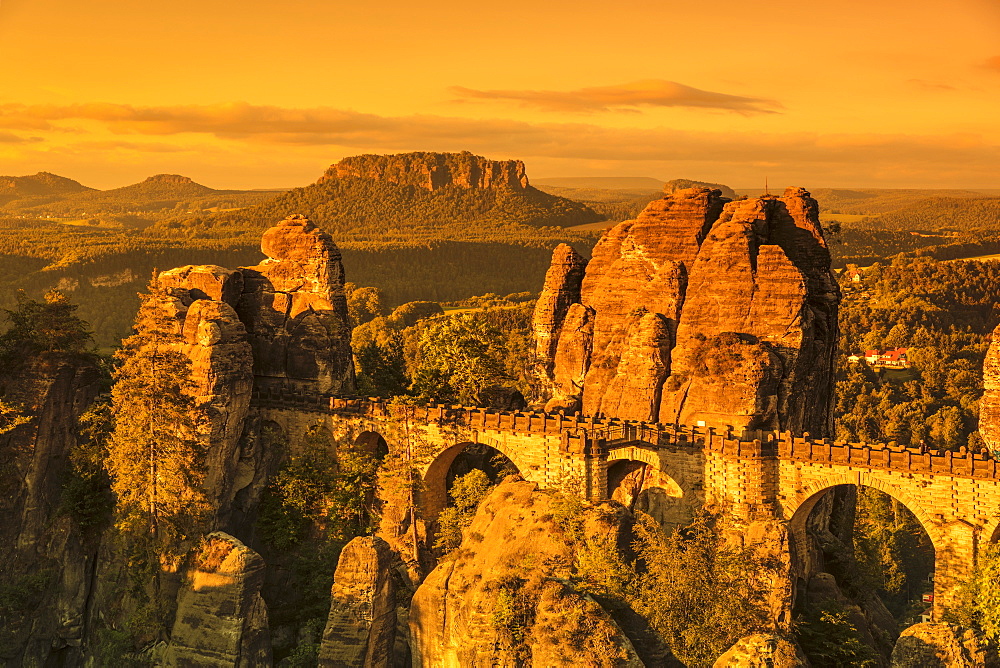 Bastei Bridge at sunrise, Elbsandstein Mountains, Saxony Switzerland National Park, Saxony, Germany, Europe