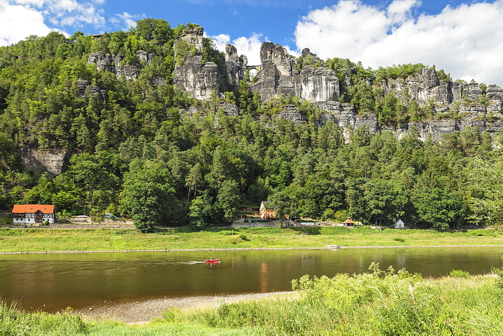 View over Elbe River to Bastei Bridge, Elbsandstein Mountains, Saxony, Germany, Europe