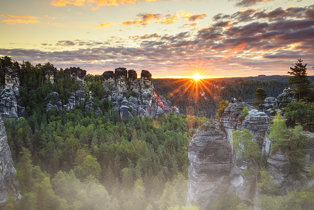 Bastei Rocks at sunrise, Elbsandstein Mountains, Saxony Switzerland National Park, Saxony, Germany, Europe