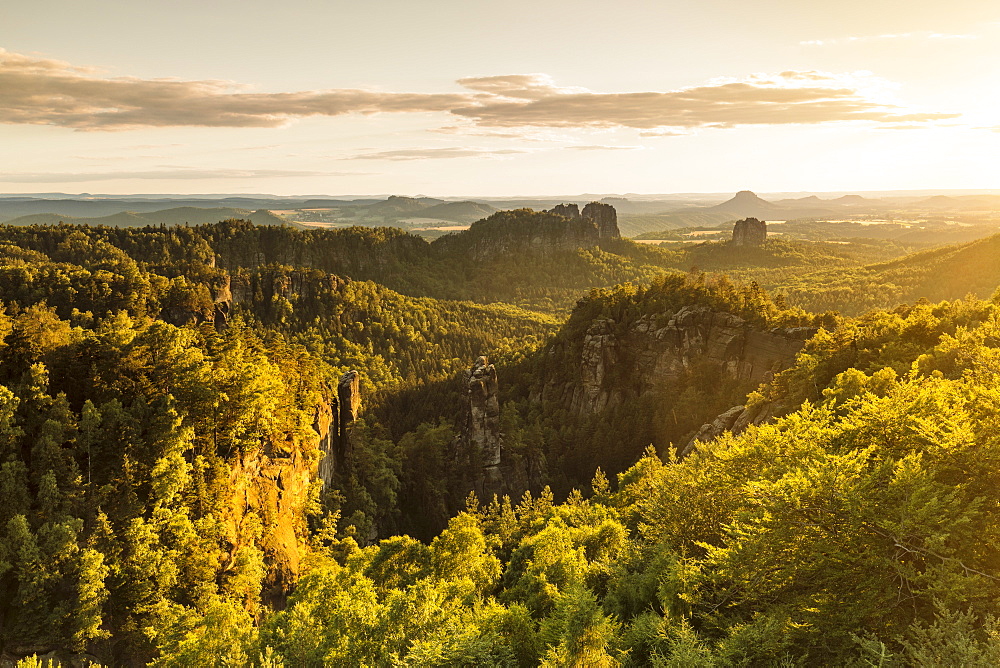 View over Carolafelsen Rocks at sunset, Elbsandstein Mountains, Saxony Switzerland National Park, Saxony, Germany, Europe