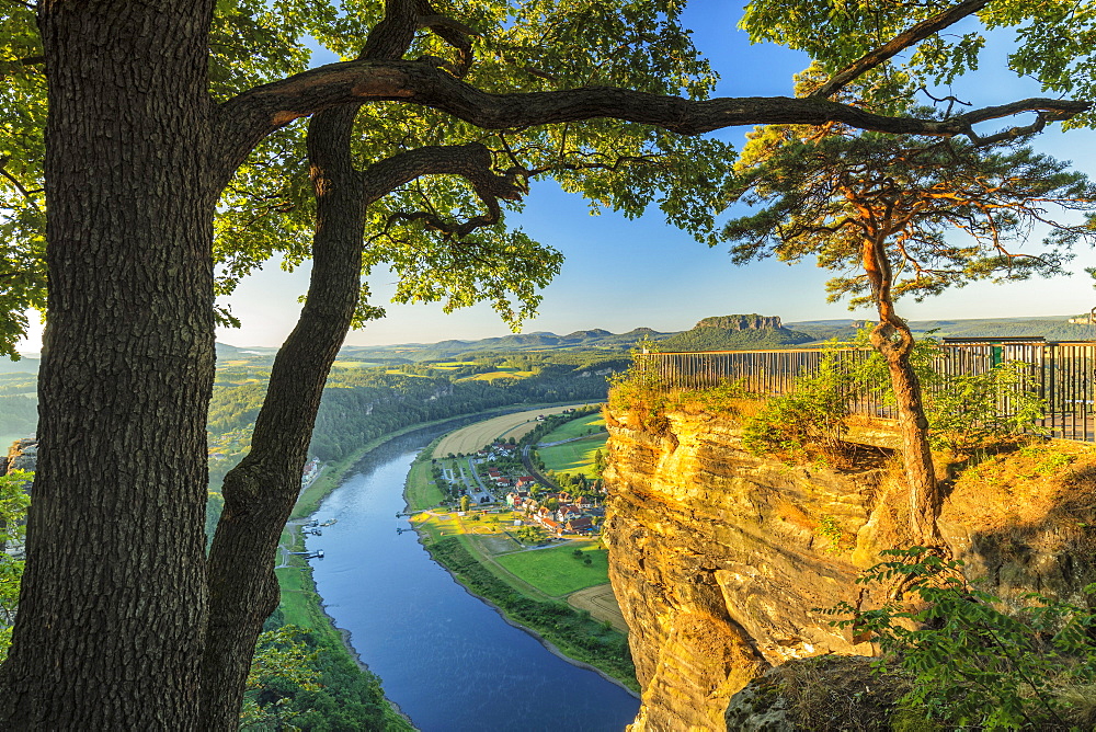 View from Bastei Rocks to Elbe River at sunrise, Elbsandstein Mountains, Saxony Switzerland National Park, Saxony, Germany, Europe