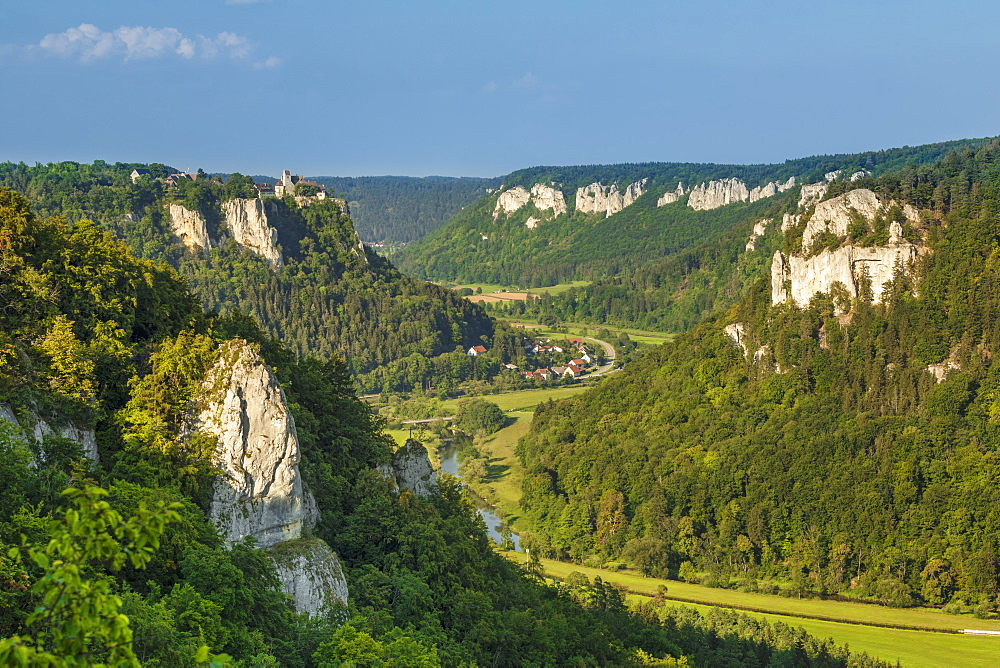 View from Eichfelsen rock to Werenwag castle, Upper Danube Valley, Swabian Jura, Baden-Wurttemberg, Germany, Europe