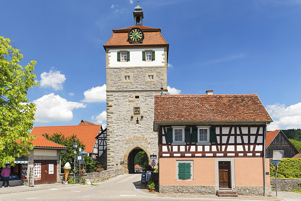 Torturm Tower at the town wall, Vellberg, Hohenlohe, Baden-Wurttemberg, Germany, Europe