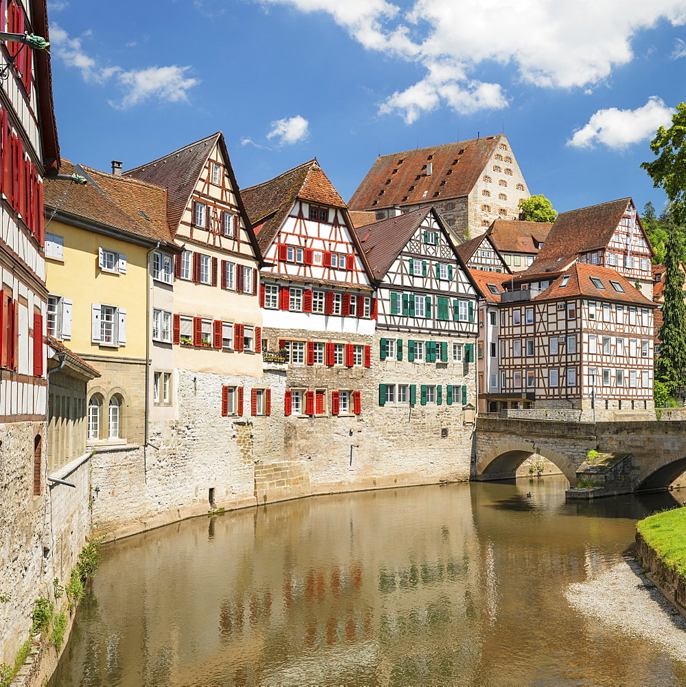 Half timbered houses in the old town, Schwaebisch Hall, Hohenlohe, Baden-Wurttemberg, Germany, Europe